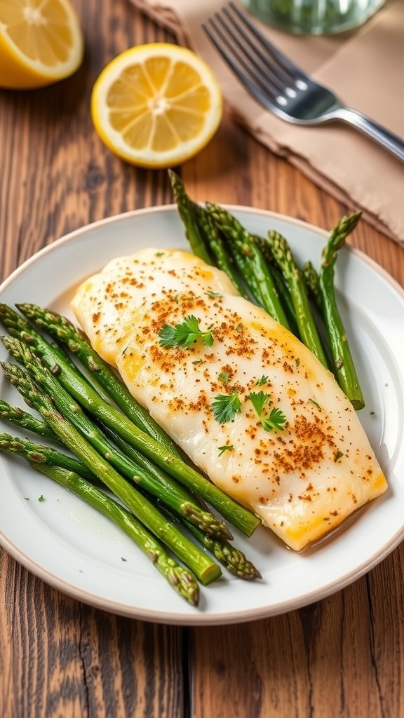 Lemon Garlic Tilapia with Asparagus Recipe Lemon garlic tilapia fillets with roasted asparagus on a plate, garnished with parsley and lemon.